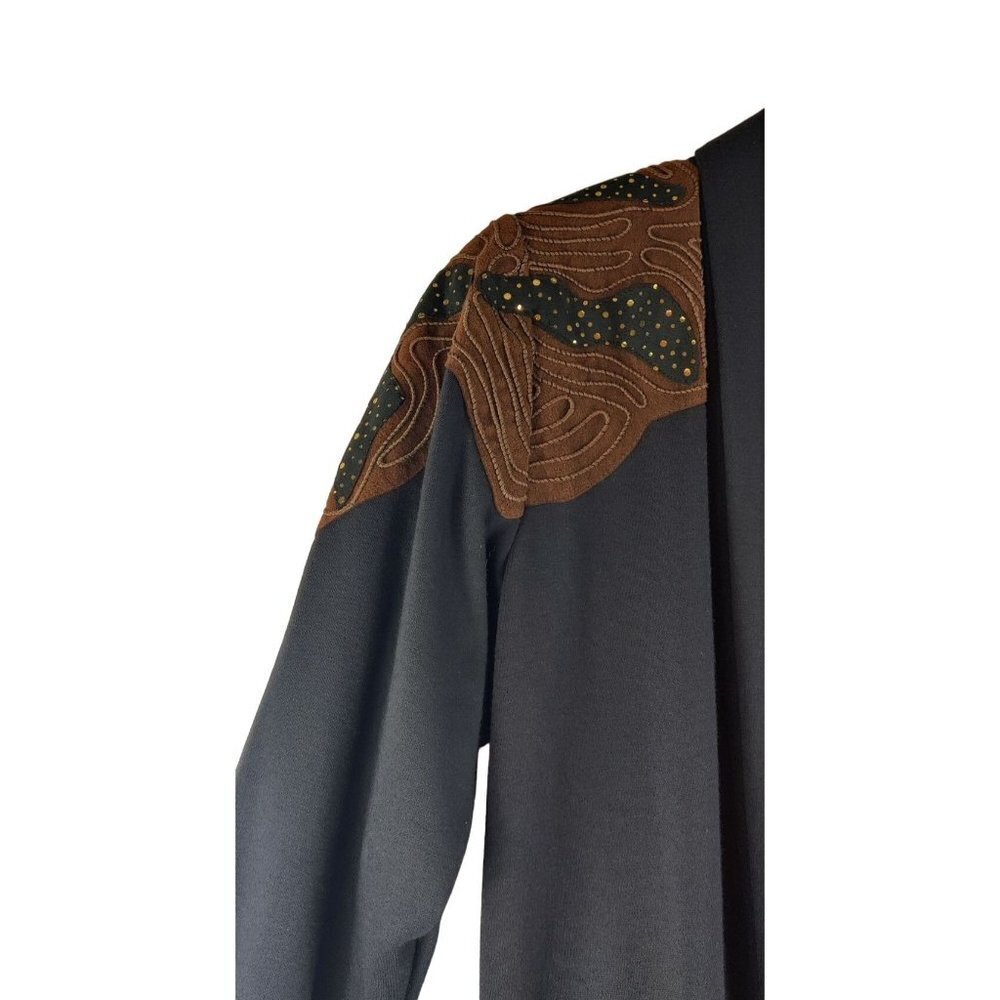 Vtg 80s Black Blazer Leather Shoulder Accent Knit Sz M Karina Open Front Jacket - Picture 6 of 10